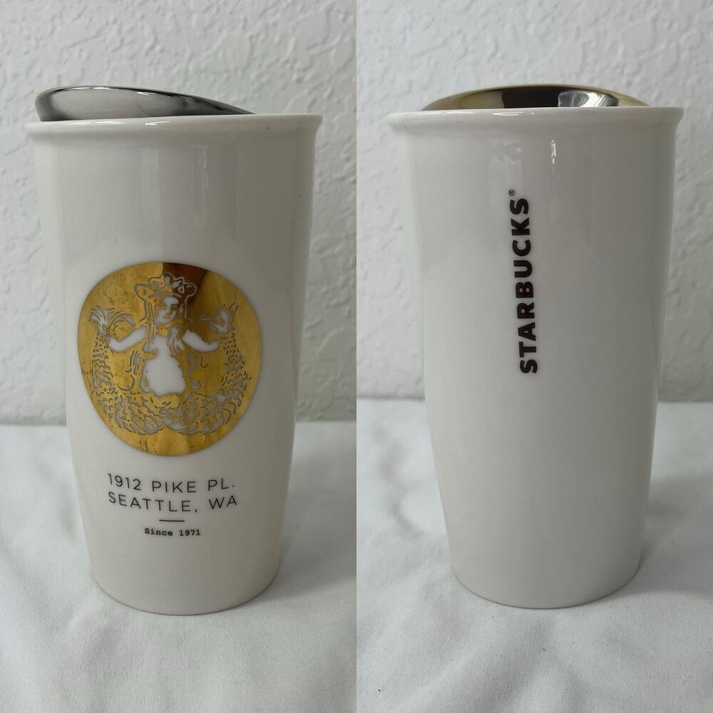 Starbucks ceramic tumbler 1912 Pike Pl. Seattle, WA gold mermaid, coffee, 12 oz